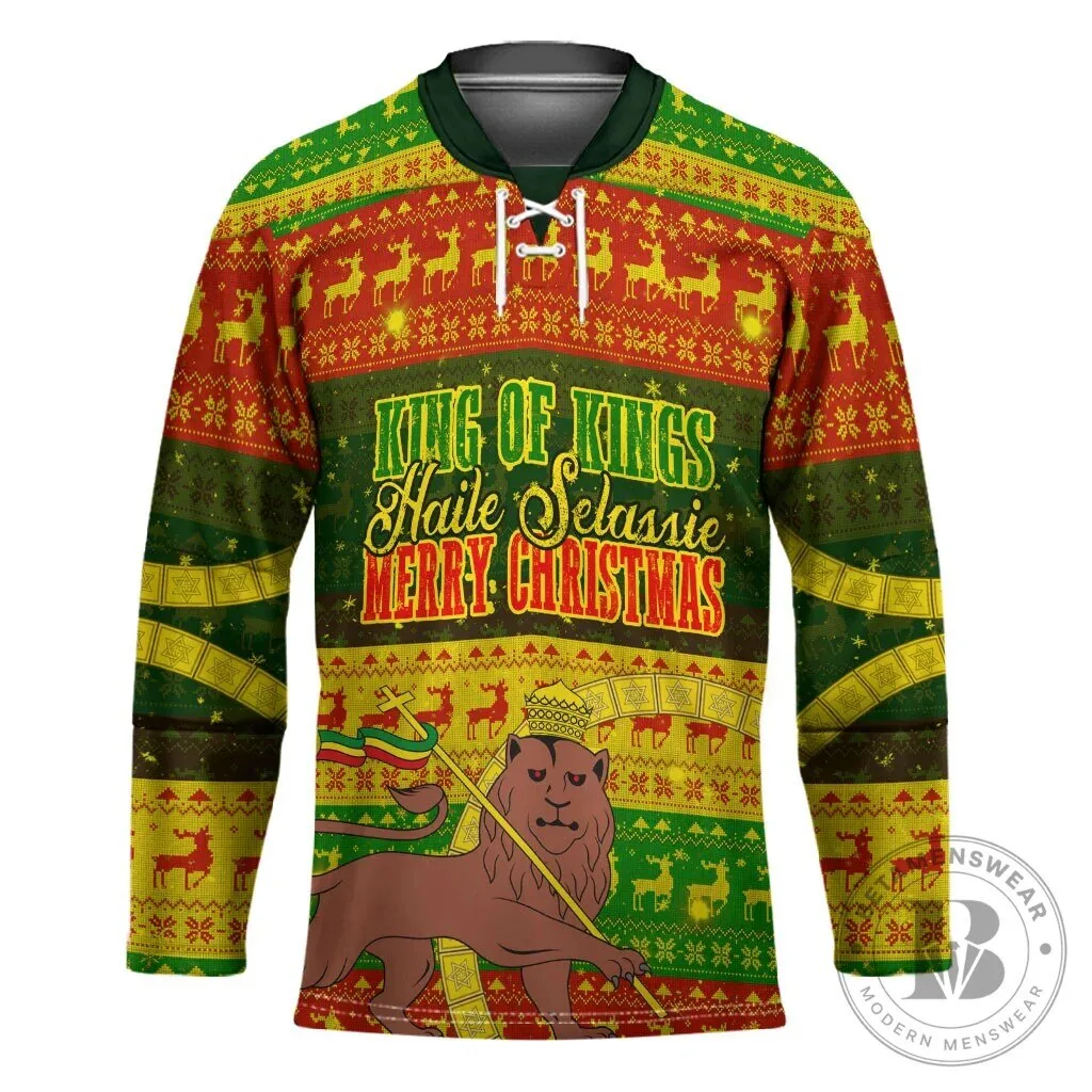 Haile Selassie King of Kings Christmas Lion of Judah Ugly Pattern Hockey Jersey