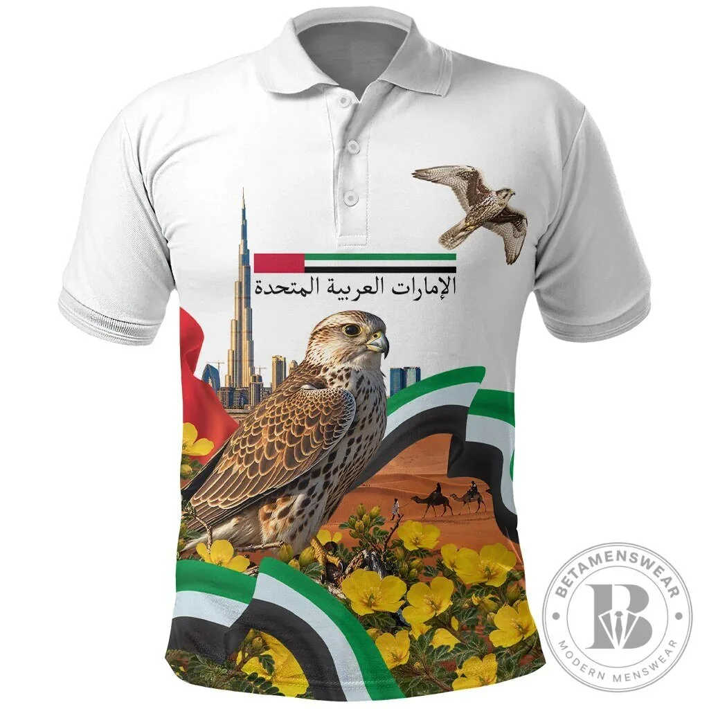 United Arab Emirates National Day Falcon and Burj Khalifa Desert Landscape Polo Shirt