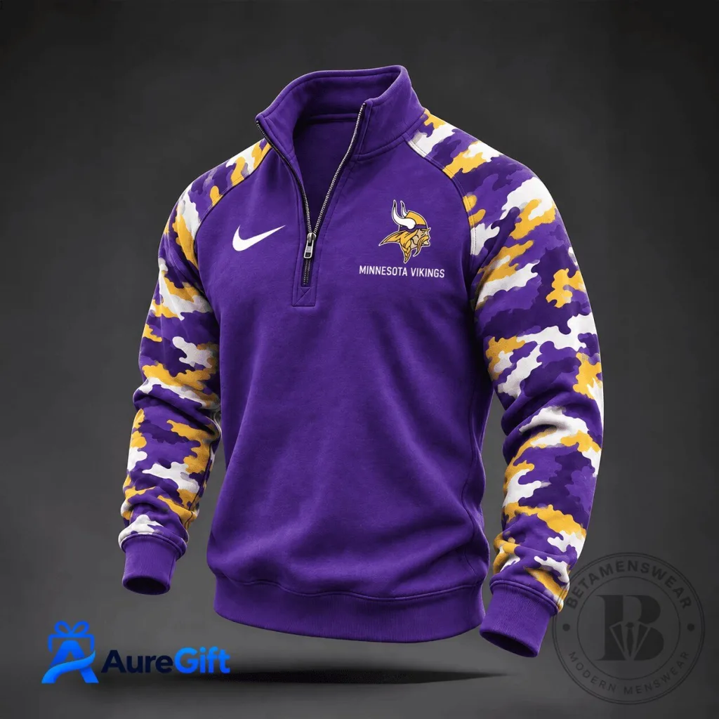 Minnesota Vikings Camouflage Sleeve Quarter-Zip Pullover Sweatshirt Minnesota Vikings Camouflage Sleeve Quarter-Zip Pullover Sweatshirt