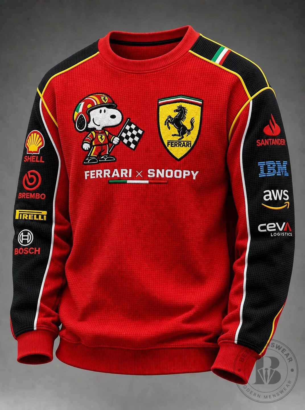 Ferrari Snoopy Racing Team Red Waffle Knit Crewneck Sweatshirt