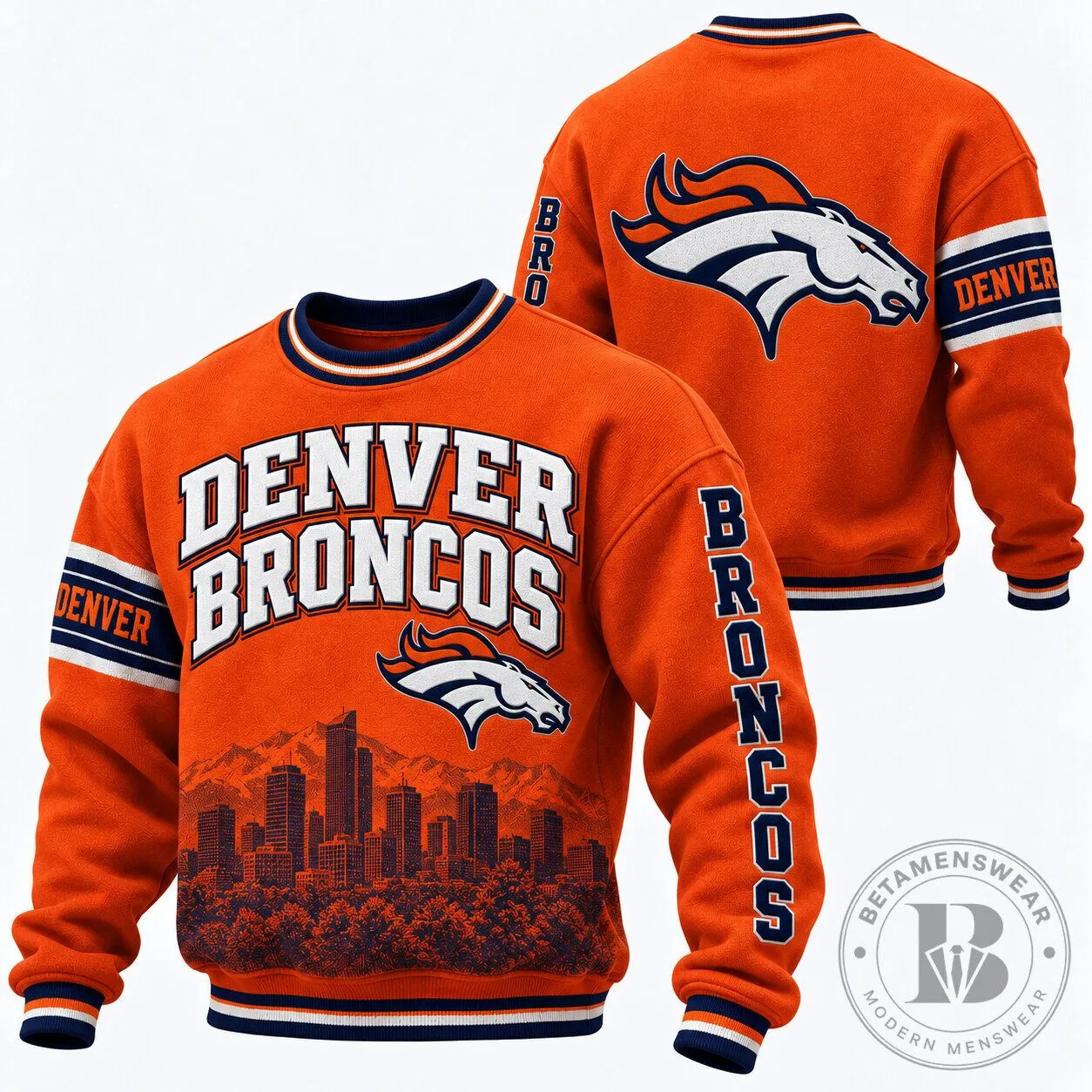 Denver Broncos Football Team Skyline Graphic Orange Crewneck Sweatshirt