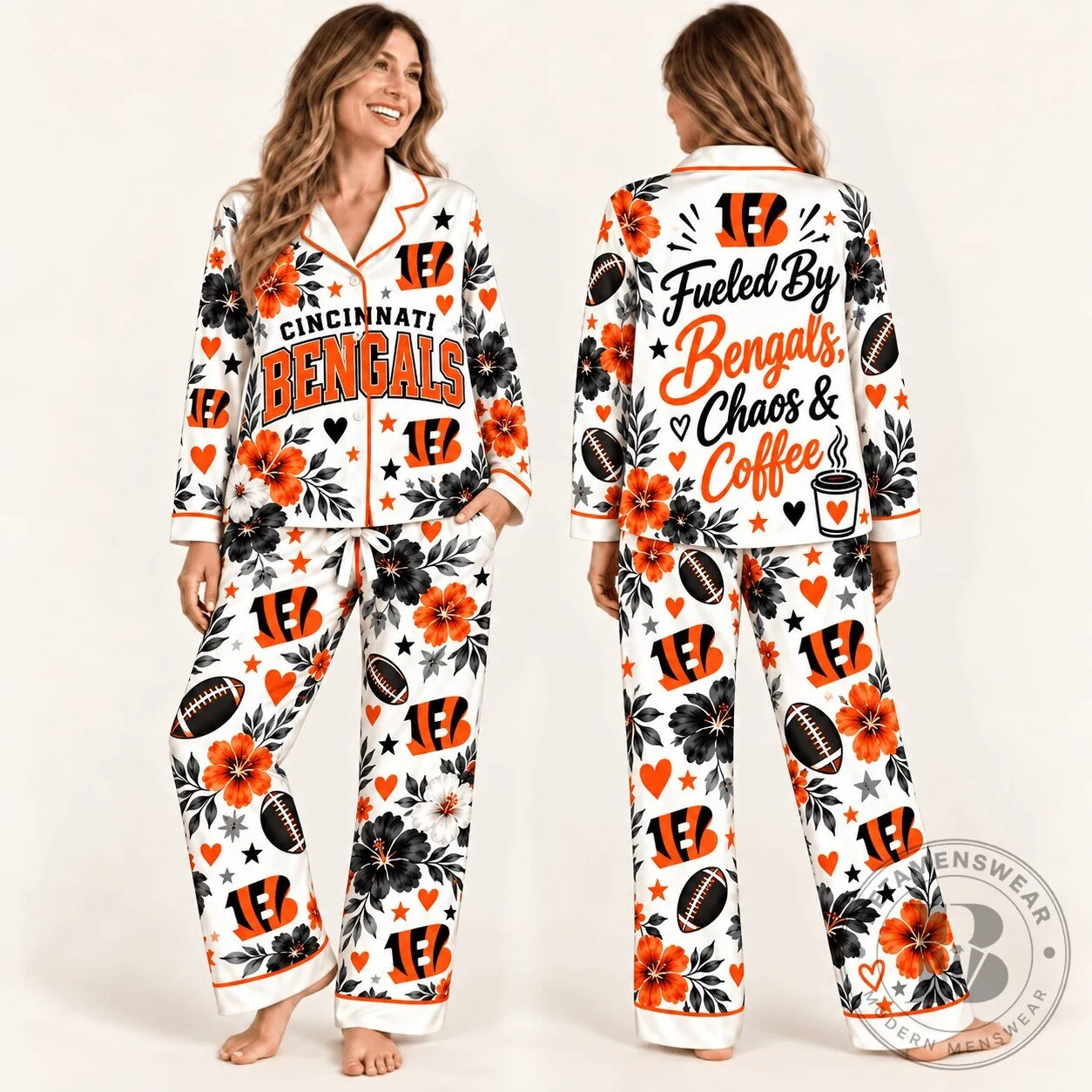 Cincinnati Bengals Fueled By Chaos And Coffee Long Sleeve Pajamas Set