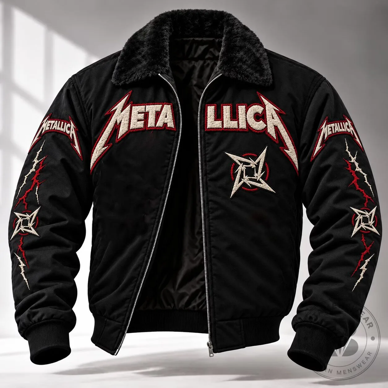 Metallica Band Logo Black Bomber Jacket with Plush Collar and Embroidery