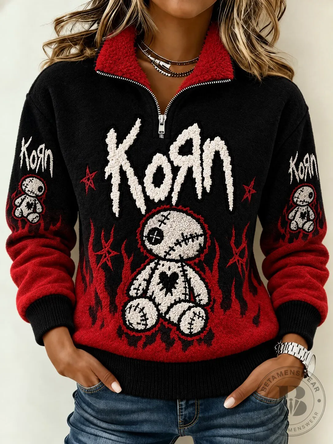 Korn Band Logo Red Flames and Voodoo Doll Embroidered Black Half-Zip Sweatshirt