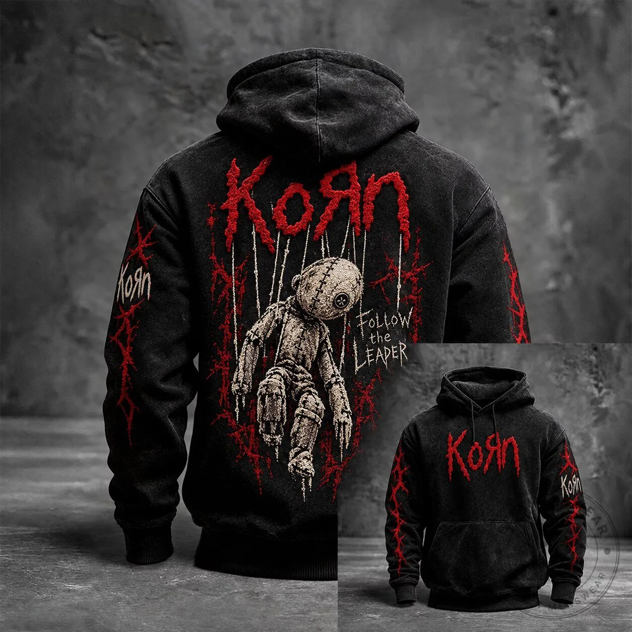 Korn Follow The Leader Album Cover Black Washed Pullover Hoodie