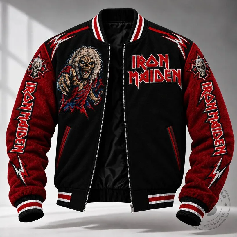 Iron Maiden Eddie The Trooper Black and Red Bomber Jacket for Men