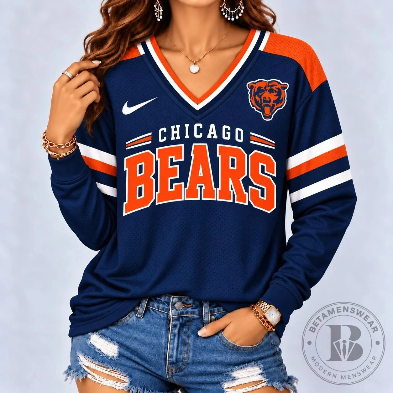 Chicago Bears Shirt NFL Football Game Day V-Neck Long Sleeve Jersey
