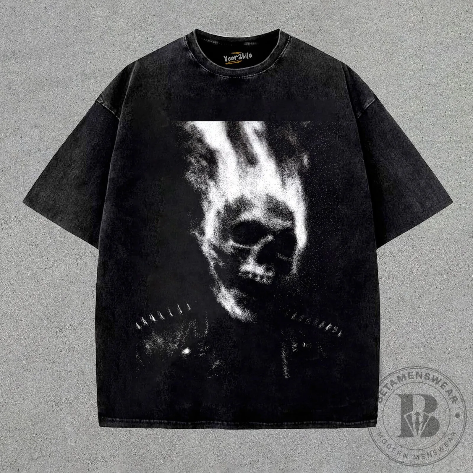 Flaming Skull Graphic Washed Black Oversized T-Shirt for Men and Women