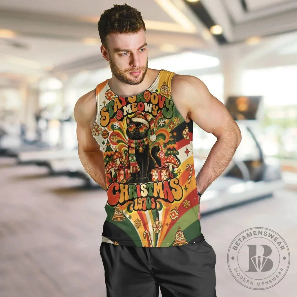 Groovy Black Cat Stay Meowy Christmas 1970s Retro Holiday Tank Top