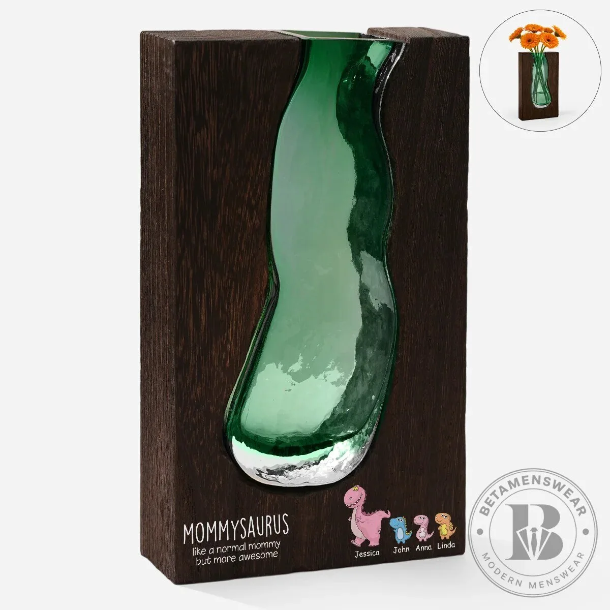 Mommysaurus Personalized Glass Vase in Wood with Dinosaur Family