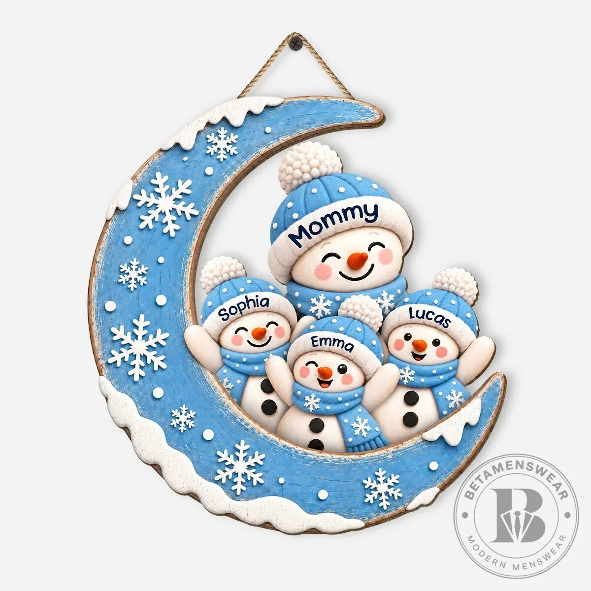 Personalized Snowman Family Moon Christmas Holiday Wooden Wall Hanging Plaque