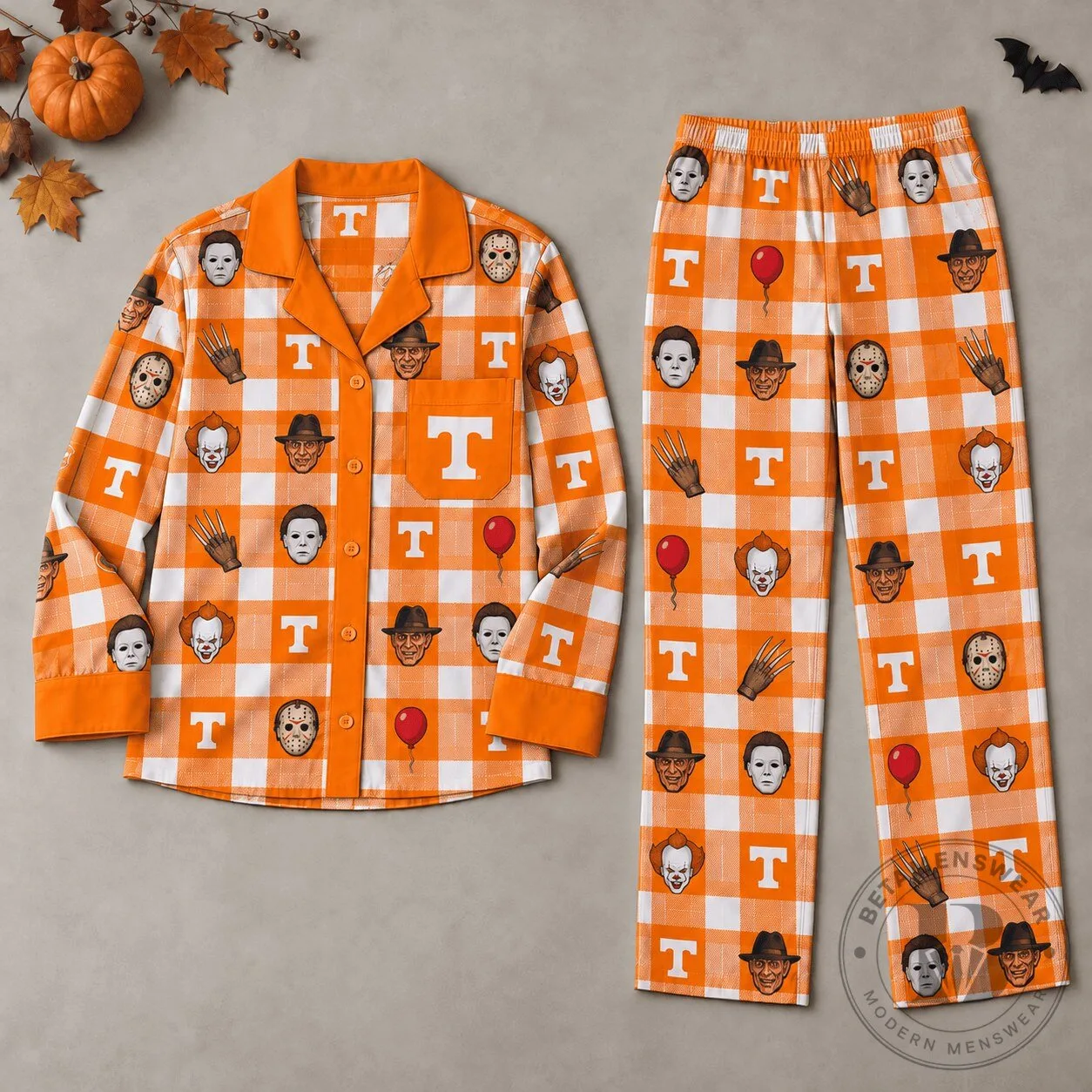 Tennessee Volunteers Halloween Horror Movie Characters Plaid Pajamas Set