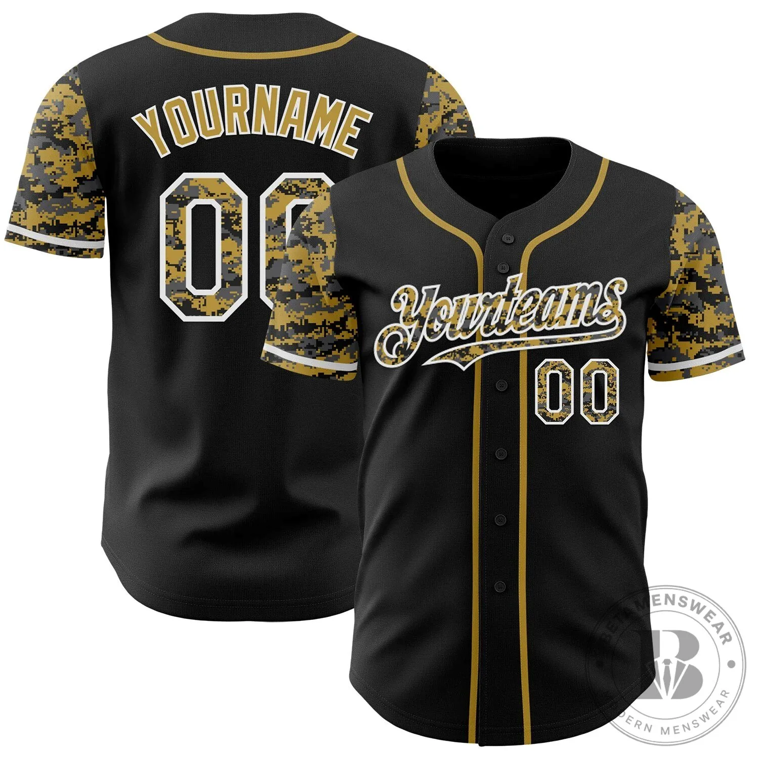 Authentic Baseball Jersey in Custom Two Tone Black Gold Digital Camouflage Pattern