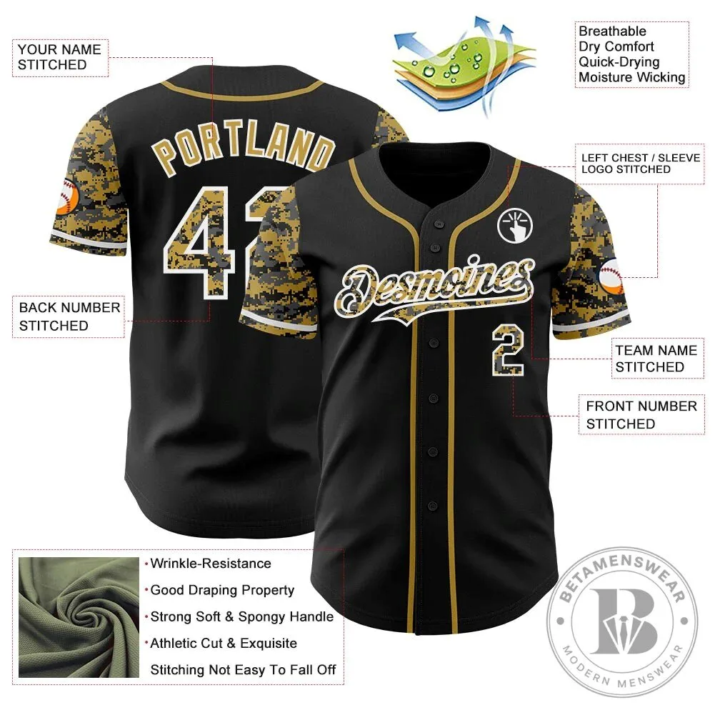 Authentic Baseball Jersey in Custom Two Tone Black Gold Digital Camouflage Pattern 11 Authentic Baseball Jersey in Custom Two Tone Black Gold Digital Camouflage Pattern