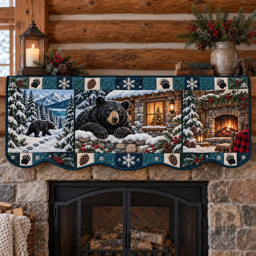 Rustic Forest Patchwork Quilted Mantel Scarf with Black Bear and Winter Scene Rustic Forest Patchwork Quilted Mantel Scarf with Black Bear and Winter Scene