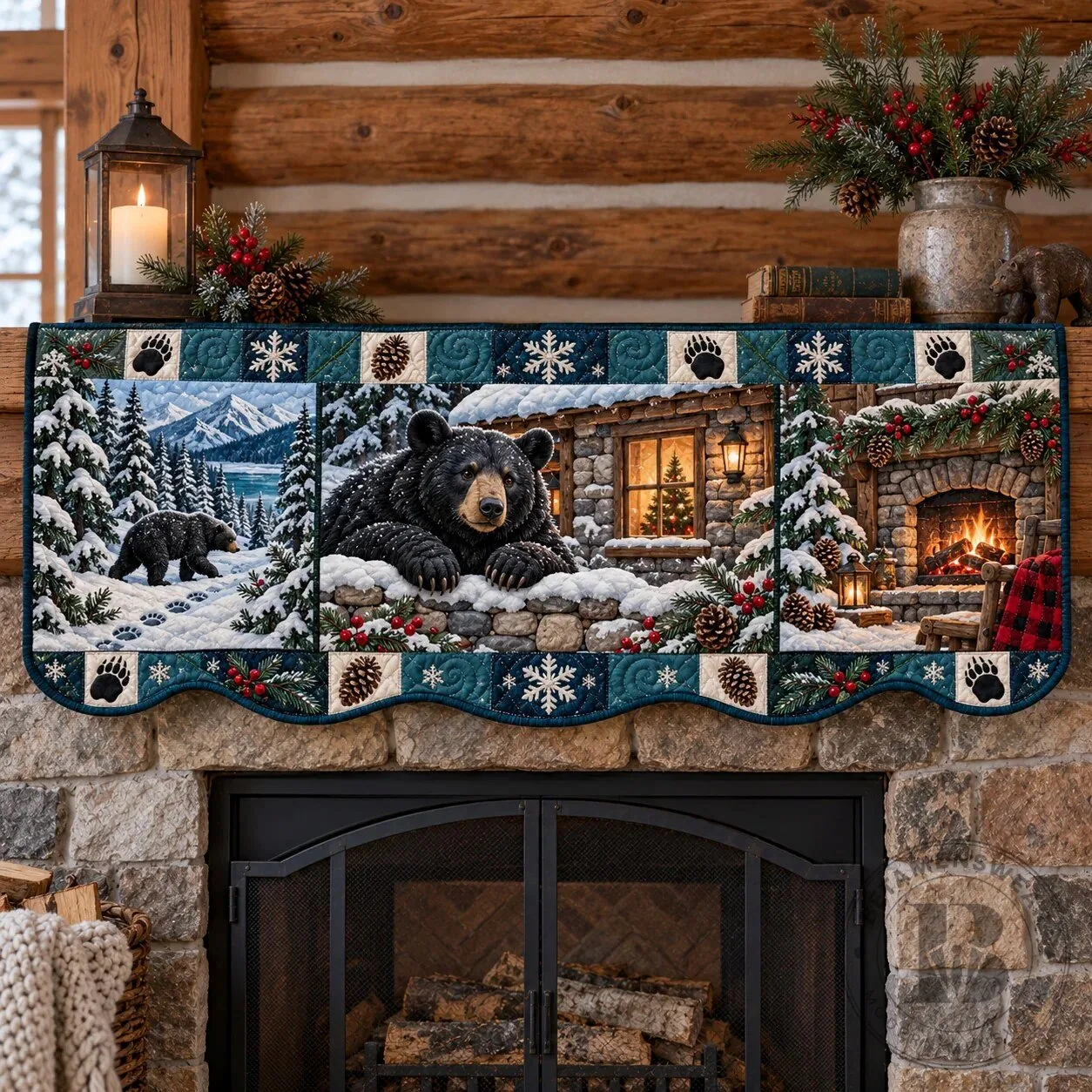 Rustic Forest Patchwork Quilted Mantel Scarf with Black Bear and Winter Scene