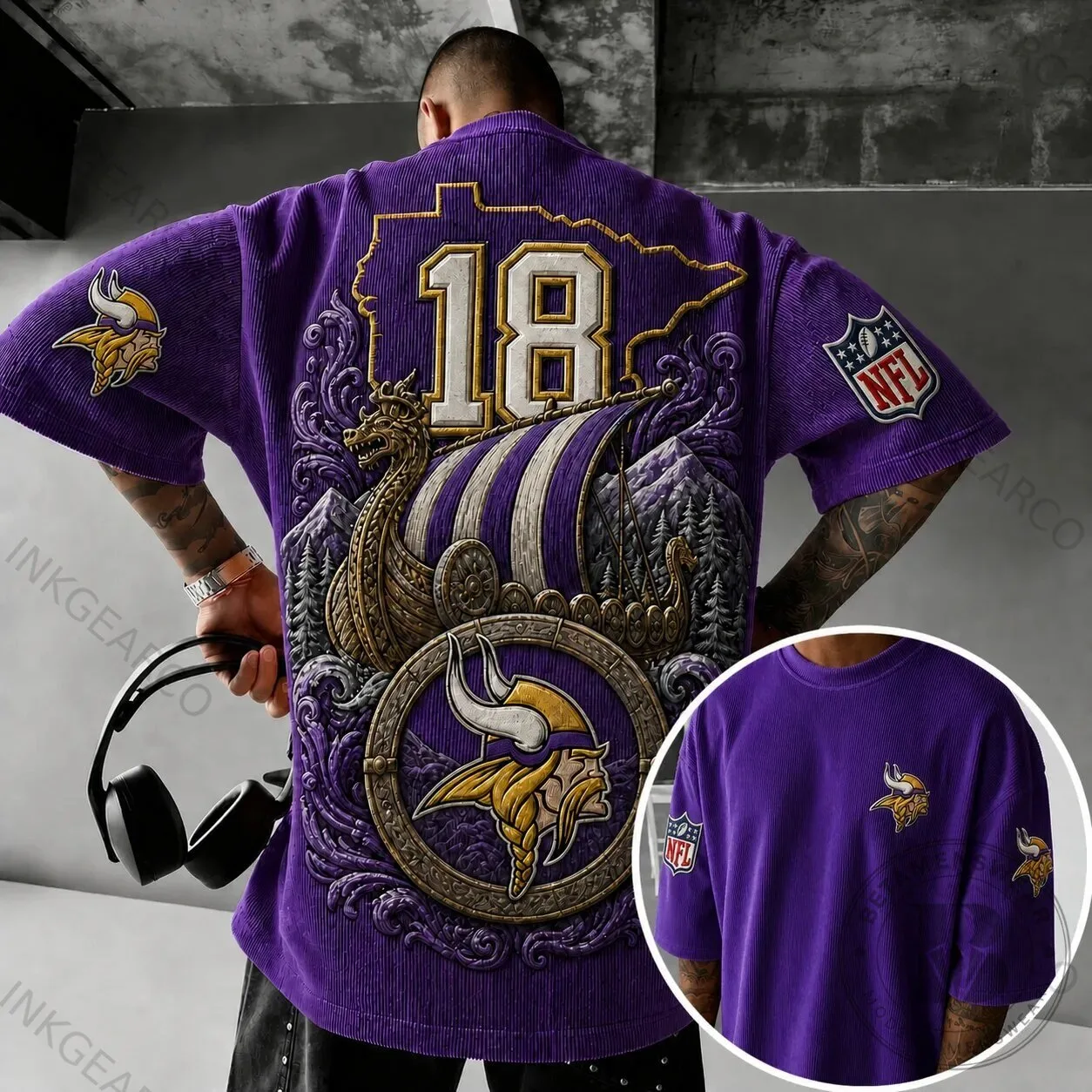 Minnesota Vikings Football Team Norse Viking Ship Purple Corduroy T-Shirt