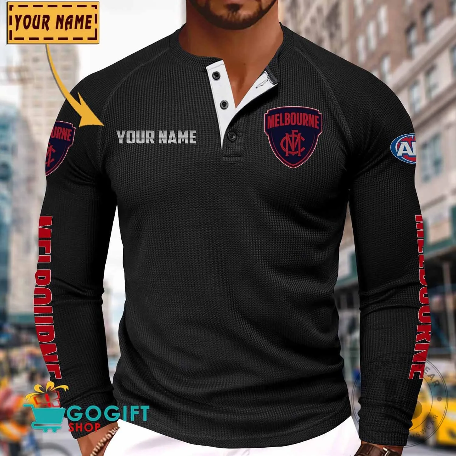 Melbourne Football Club Personalized Long Sleeve Henley Shirt