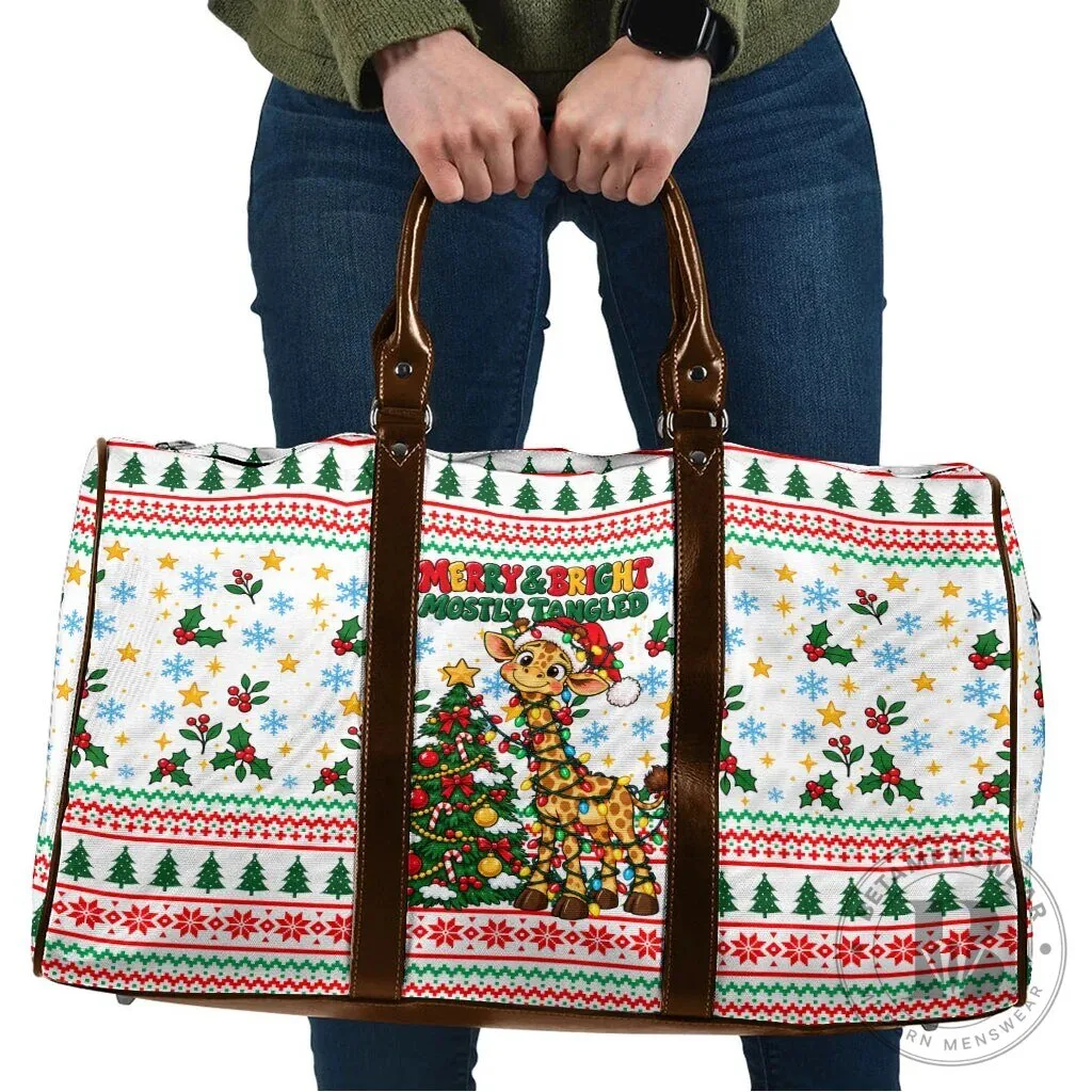 Merry and Bright Mostly Tangled Christmas Giraffe Lights Ugly Sweater Pattern Travel Bag