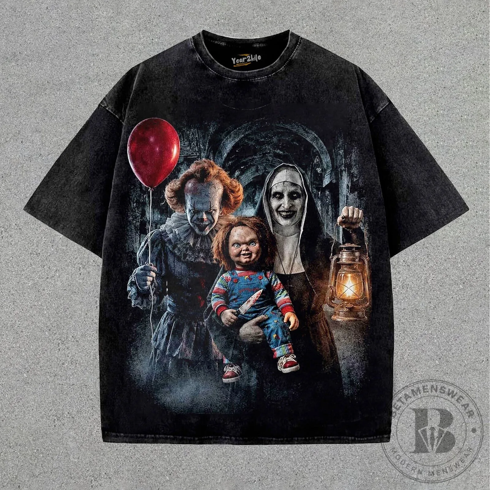 Pennywise Chucky Valak Horror Movie Villains Black Washed Graphic T-Shirt