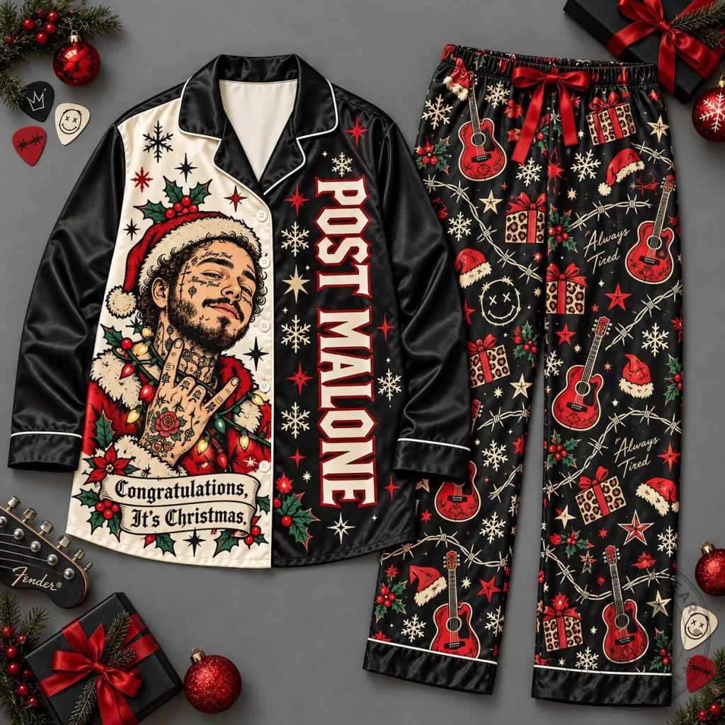 Post Malone Santa Claus Christmas Holiday Pajamas Set Post Malone Santa Claus Christmas Holiday Pajamas Set