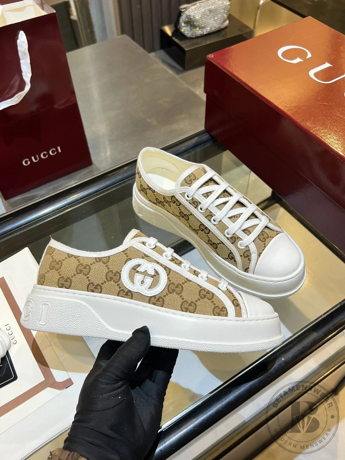 Gucci Monogram Canvas Low Top Sneakers with White Platform Sole