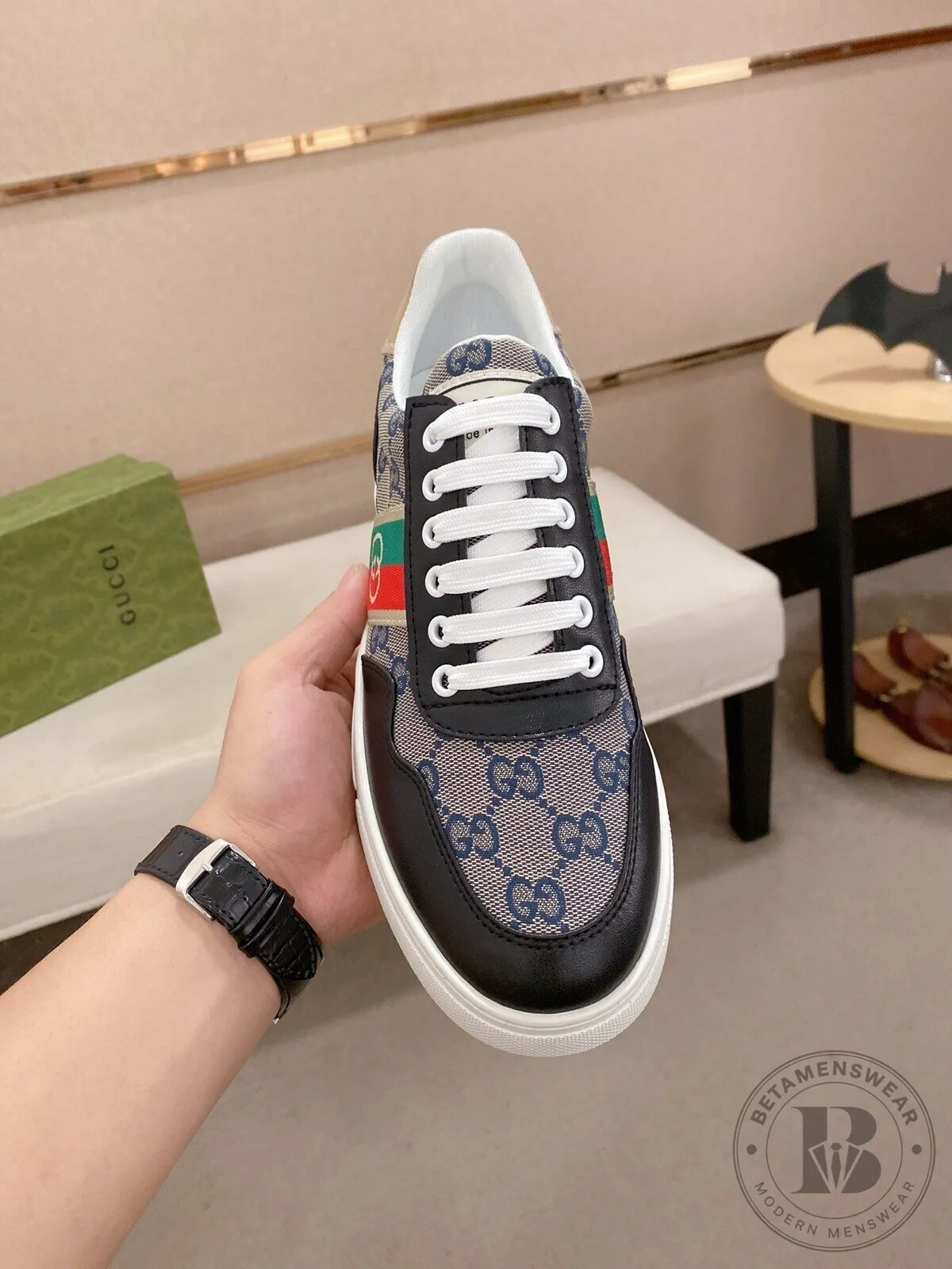 Gucci Monogram Pattern Low Top Sneakers with Web Stripe Detail