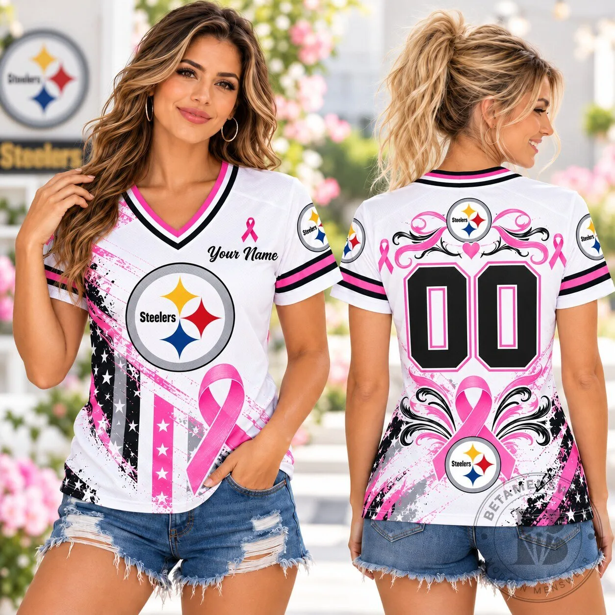 Pittsburgh Steelers Pink Breast Cancer Awareness Football Jersey V-Neck