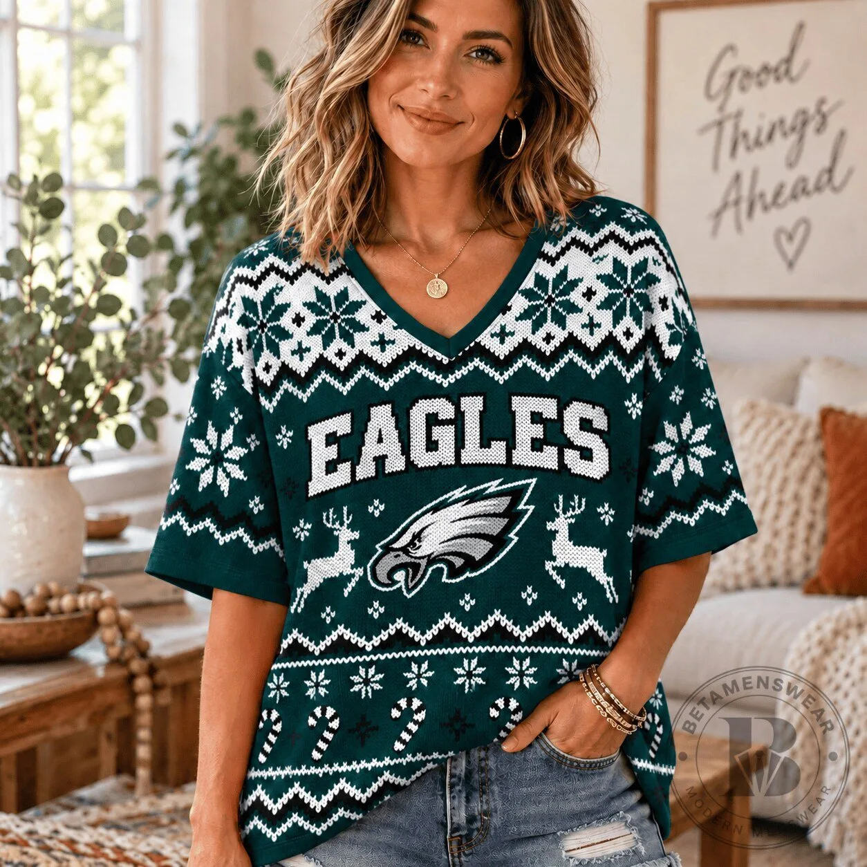 Philadelphia Eagles Christmas Ugly Sweater Style V-Neck Short Sleeve T-Shirt