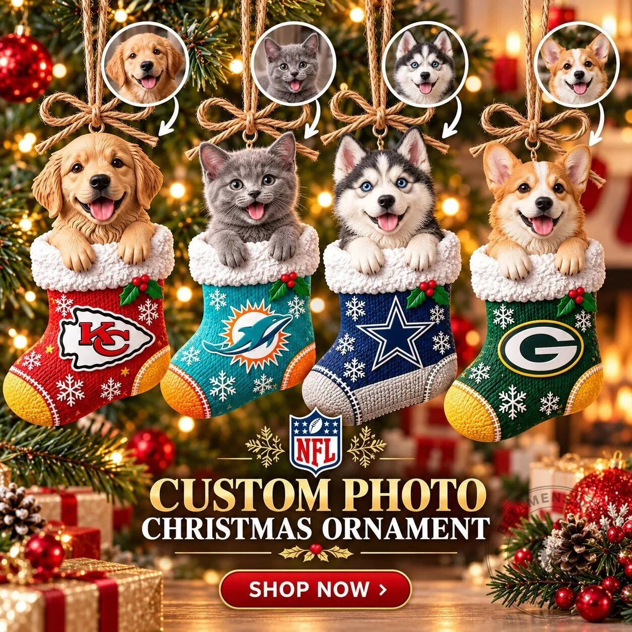 NFL Custom Photo Christmas Ornament with Pet Picture for Holiday Tree Decor