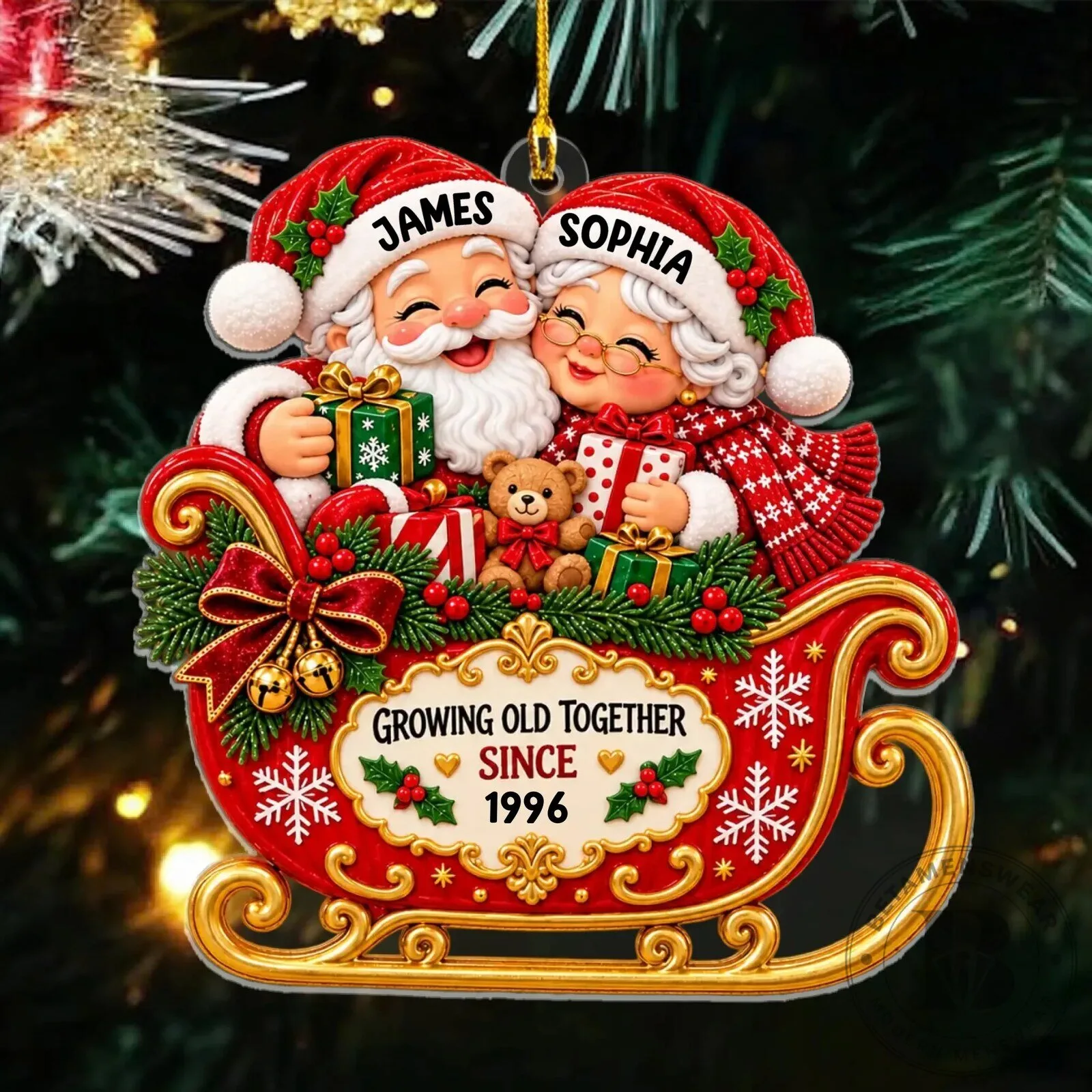 Personalized Mr and Mrs Claus Sleigh Christmas Couple Ornament
