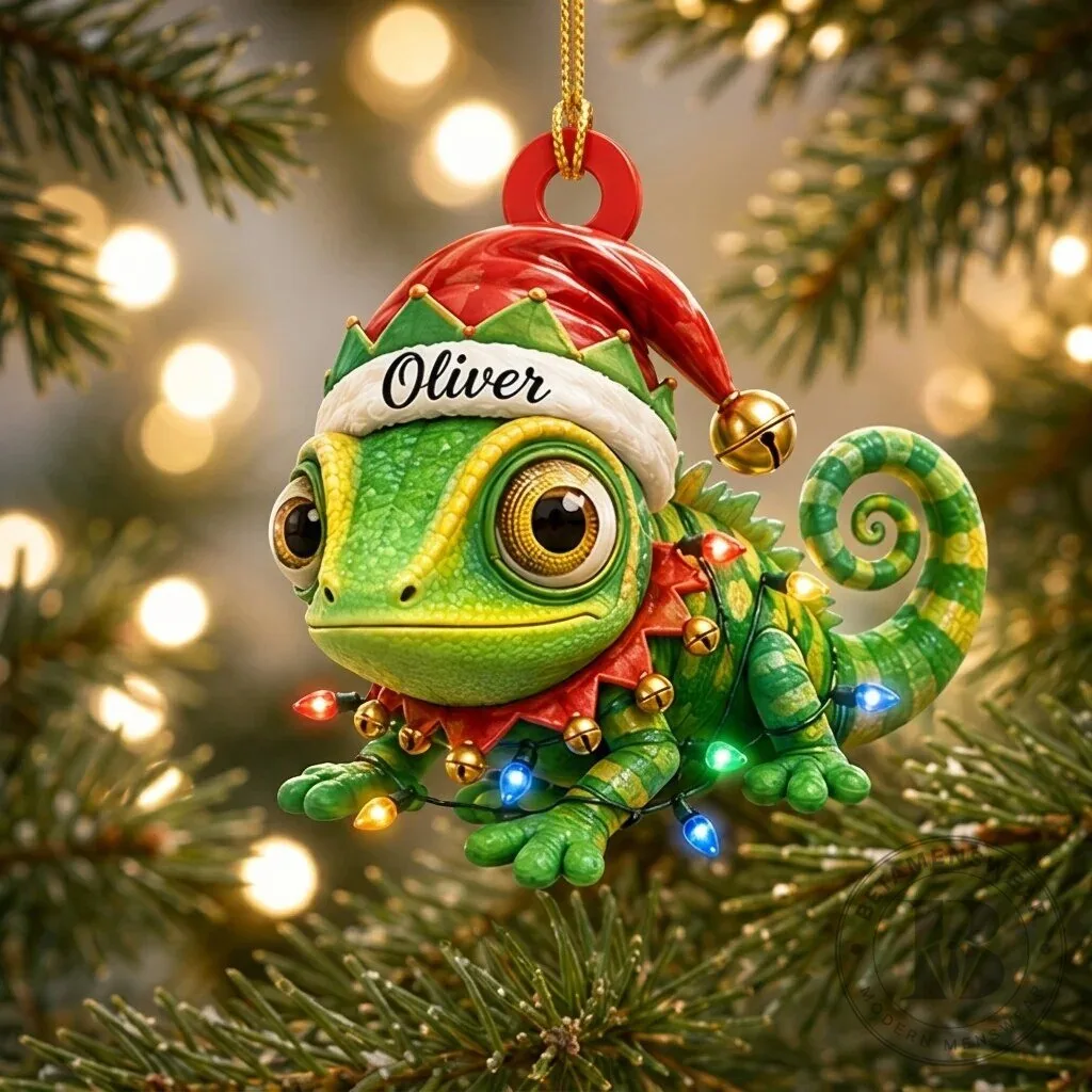 Personalized Chameleon Christmas Ornament with Santa Hat and Holiday Lights