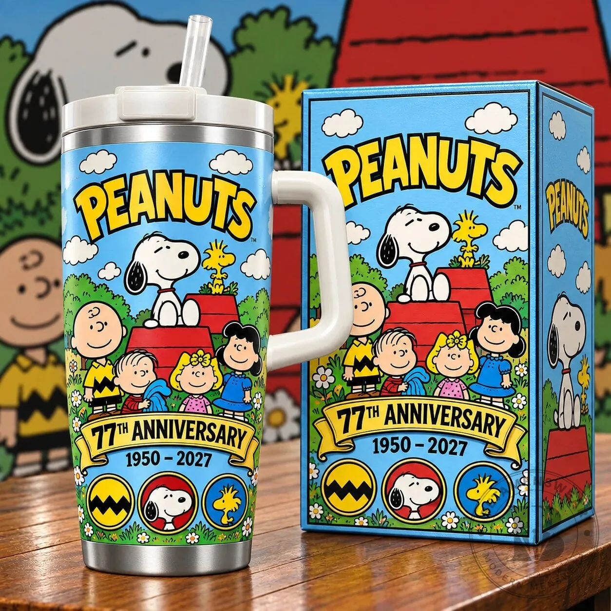 Snoopy and Friends 77th Anniversary Stainless Steel Tumbler with Handle from Peanuts