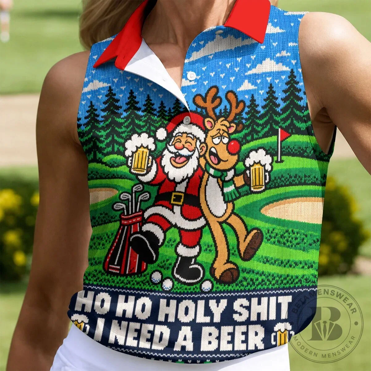 Funny Santa Reindeer Beer Christmas Golf Polo Shirt for Women