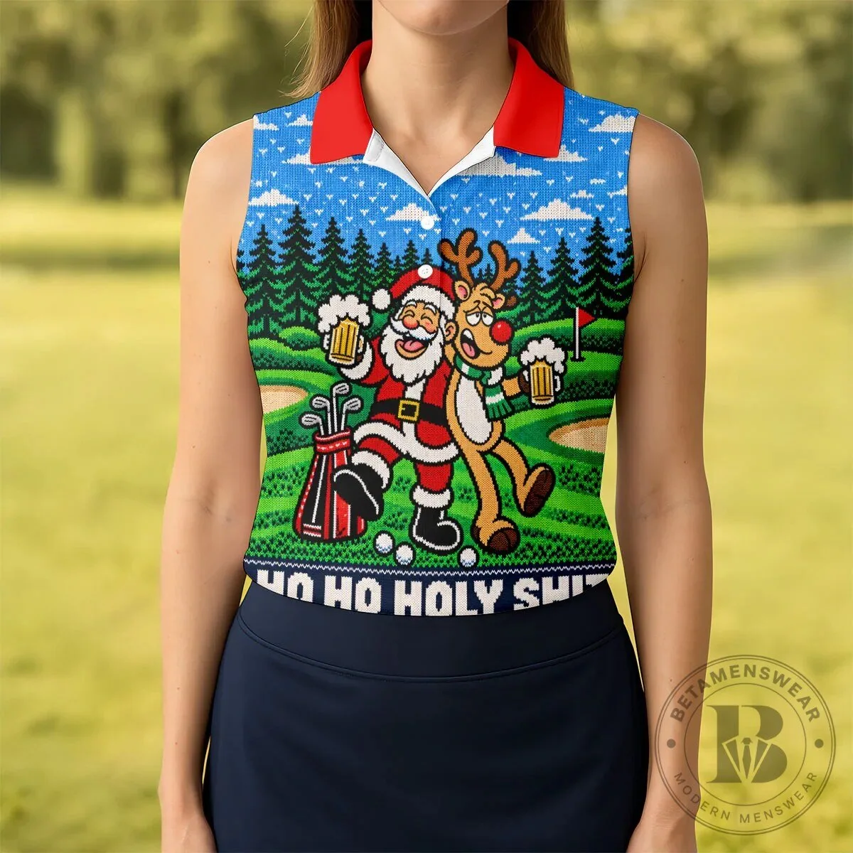 Funny Santa Reindeer Beer Christmas Golf Polo Shirt for Women 13 Funny Santa Reindeer Beer Christmas Golf Polo Shirt for Women