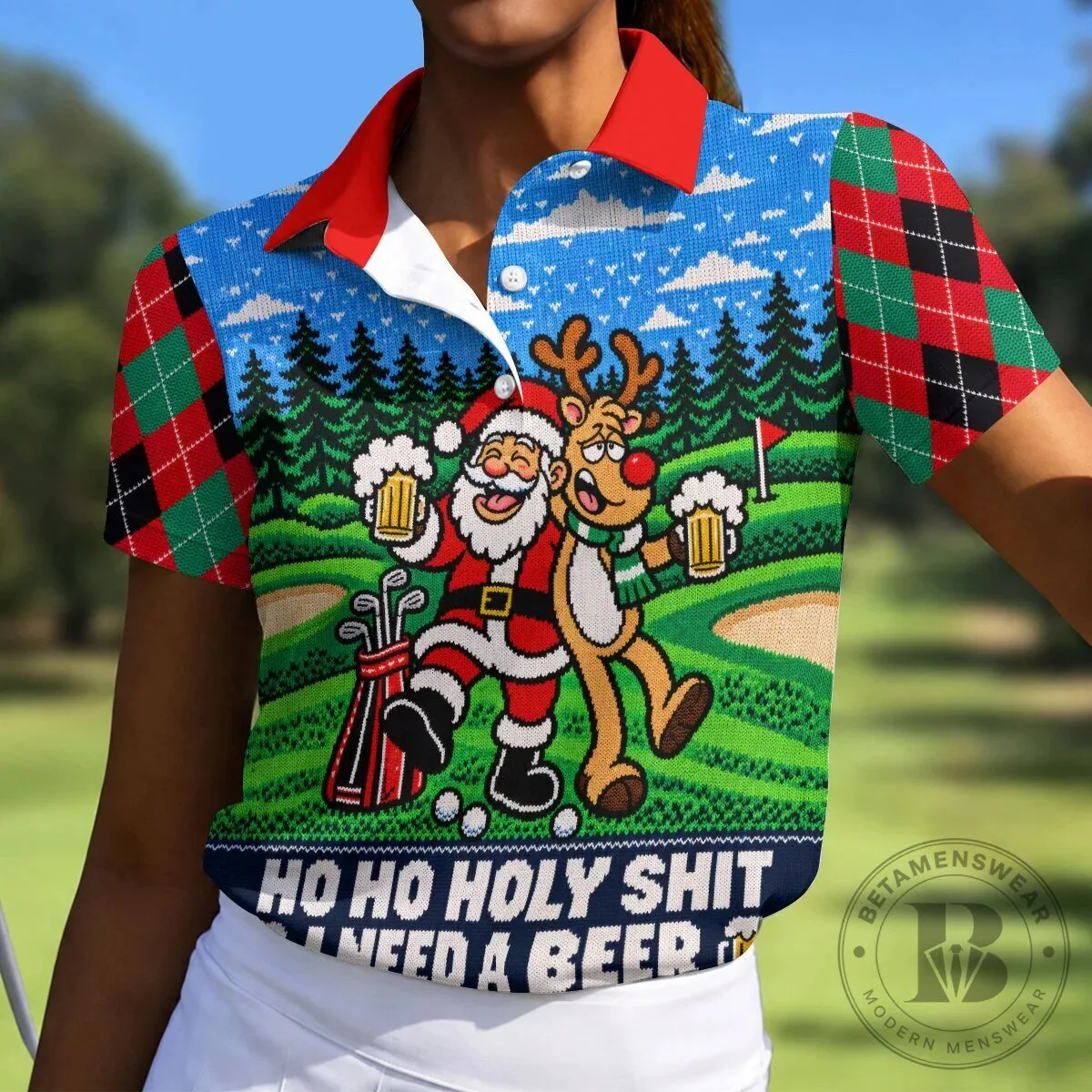 Funny Santa Reindeer Beer Christmas Golf Polo Shirt for Women 14 Funny Santa Reindeer Beer Christmas Golf Polo Shirt for Women