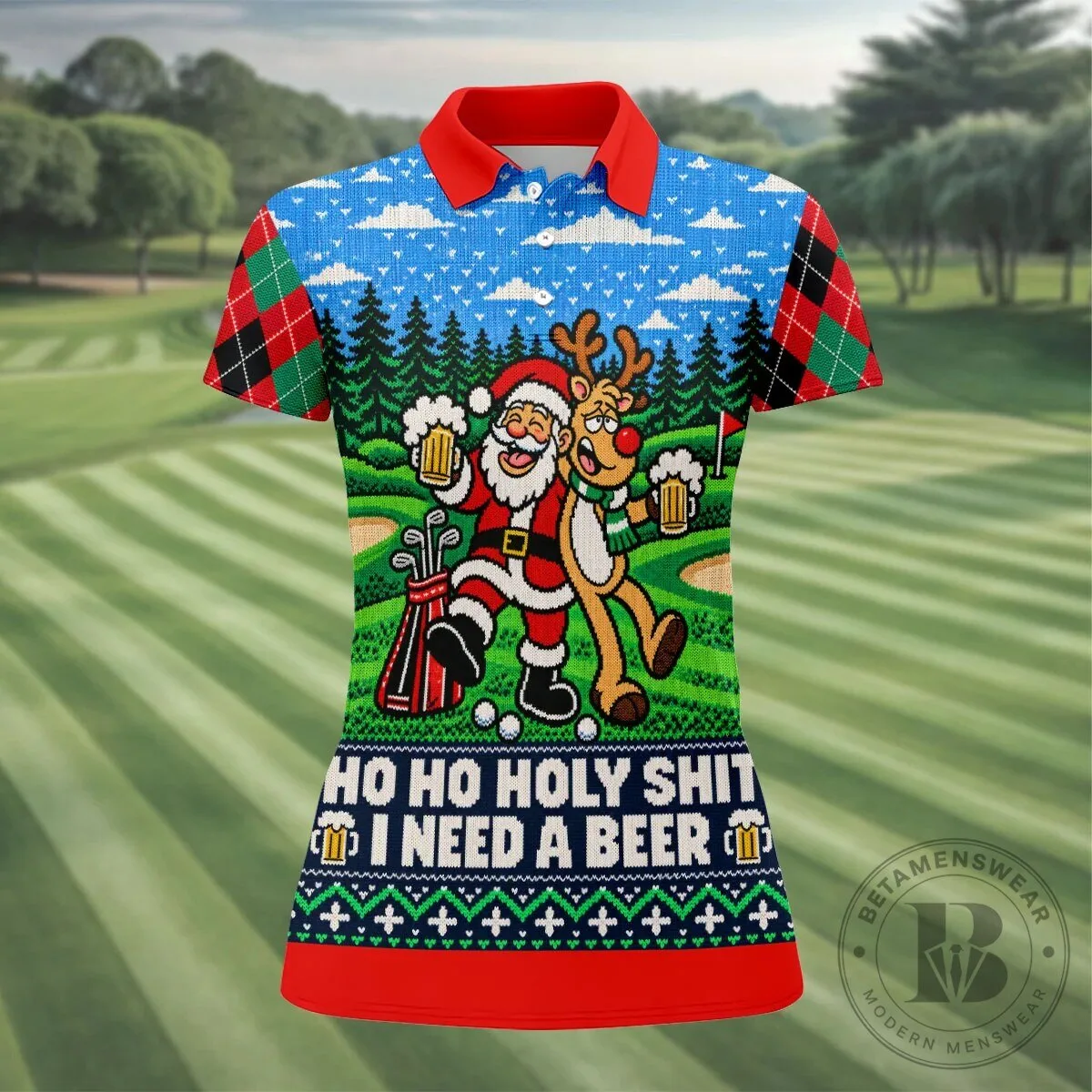 Funny Santa Reindeer Beer Christmas Golf Polo Shirt for Women 15 Funny Santa Reindeer Beer Christmas Golf Polo Shirt for Women