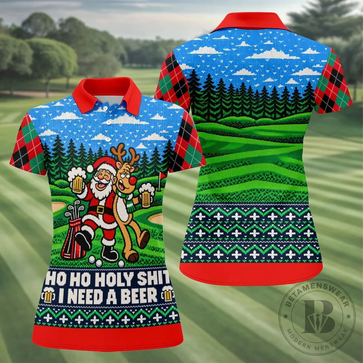 Funny Santa Reindeer Beer Christmas Golf Polo Shirt for Women 16 Funny Santa Reindeer Beer Christmas Golf Polo Shirt for Women