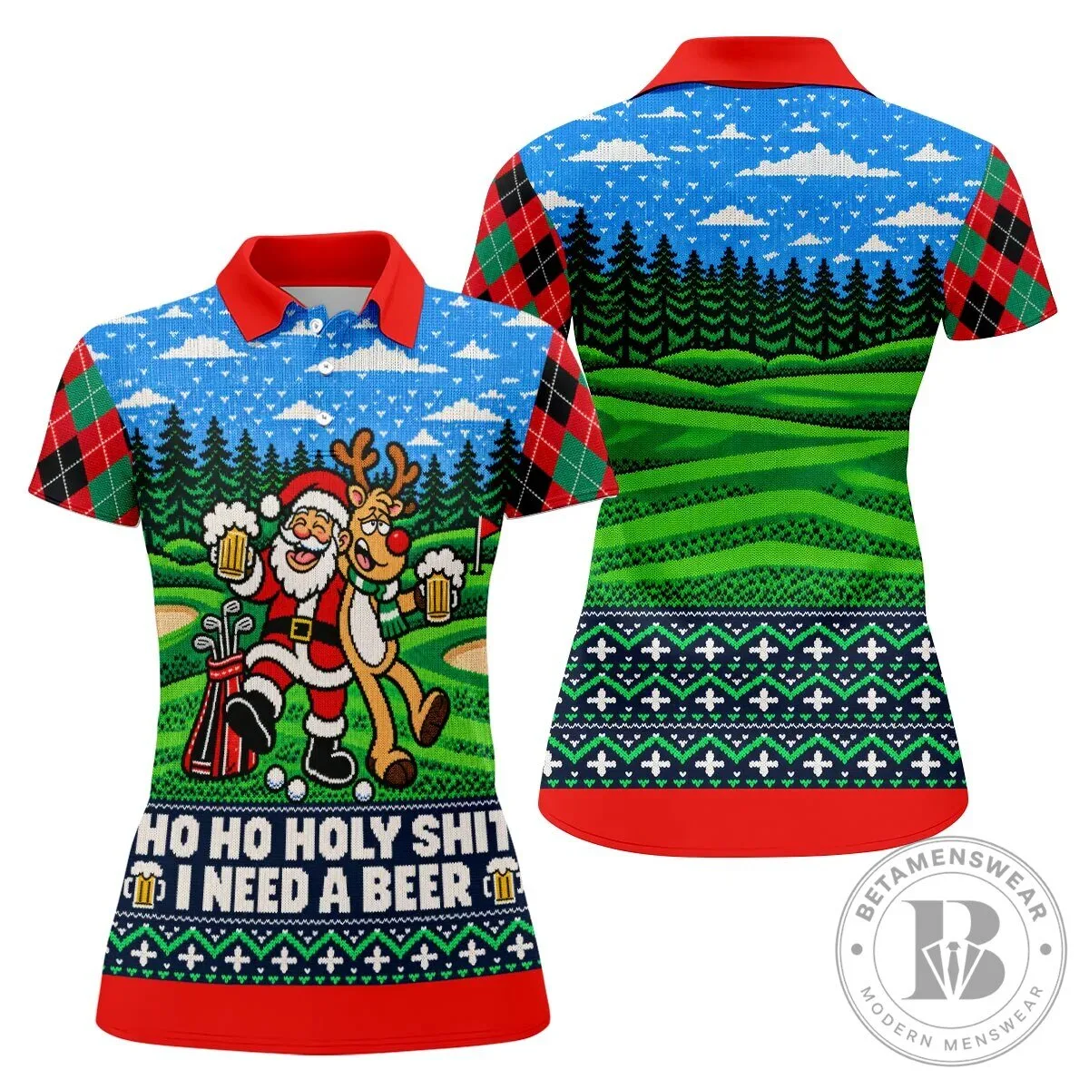Funny Santa Reindeer Beer Christmas Golf Polo Shirt for Women 18 Funny Santa Reindeer Beer Christmas Golf Polo Shirt for Women
