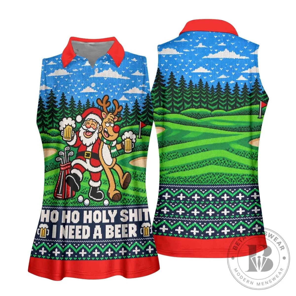 Funny Santa Reindeer Beer Christmas Golf Polo Shirt for Women 19 Funny Santa Reindeer Beer Christmas Golf Polo Shirt for Women