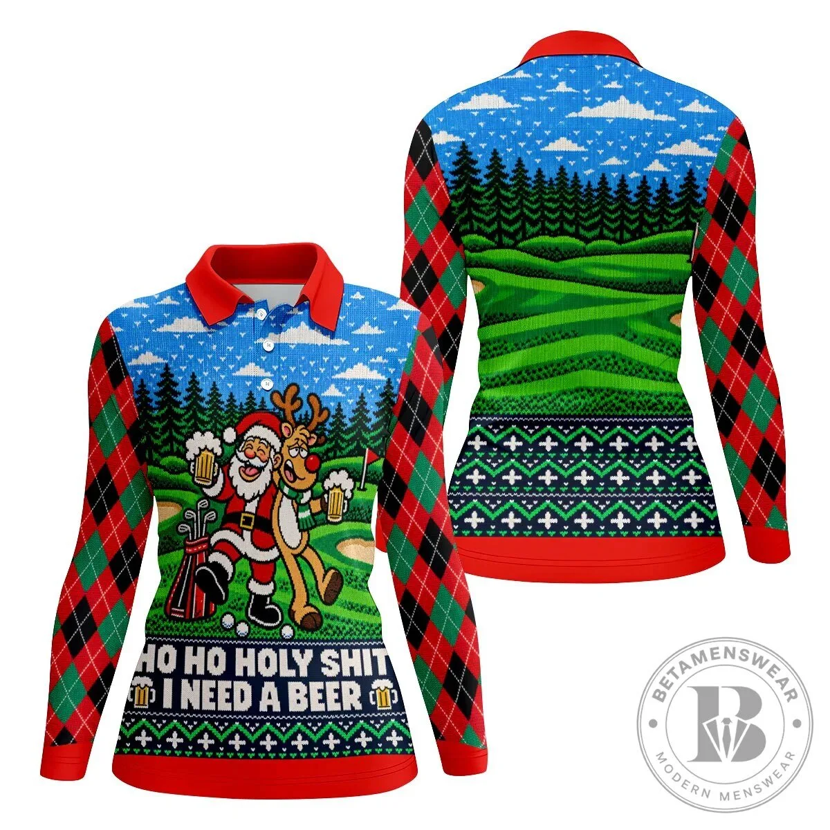Funny Santa Reindeer Beer Christmas Golf Polo Shirt for Women 20 Funny Santa Reindeer Beer Christmas Golf Polo Shirt for Women