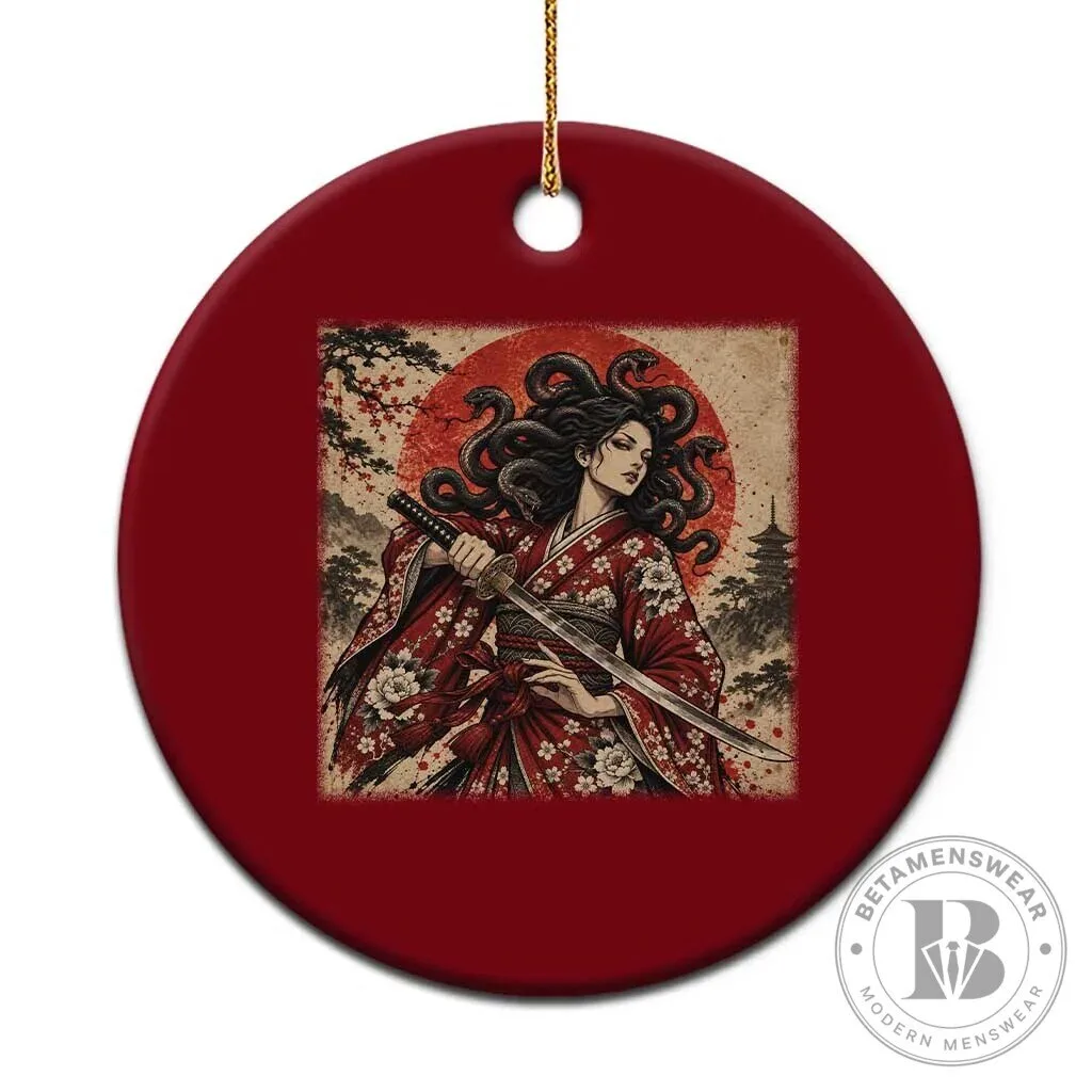 Japanese Medusa Samurai Warrior Katana Sword Red Sun Ukiyo-e Art Ceramic Ornament