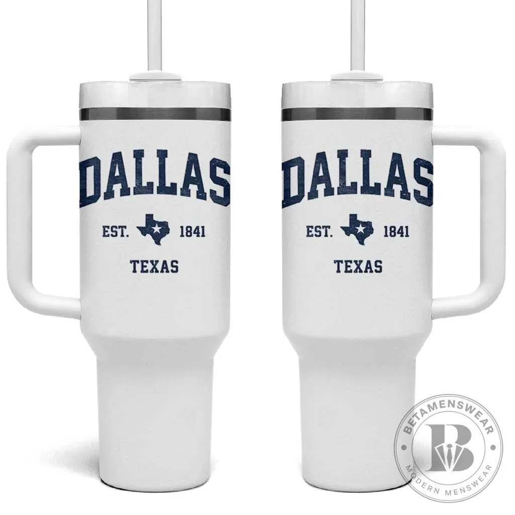 Dallas Texas Established 1841 City Souvenir White Insulated Tumbler with Handle