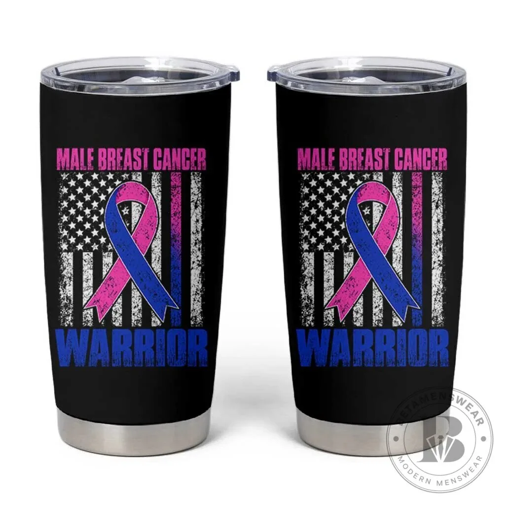 Male Breast Cancer Warrior Awareness Pink Blue Ribbon American Flag Tumbler