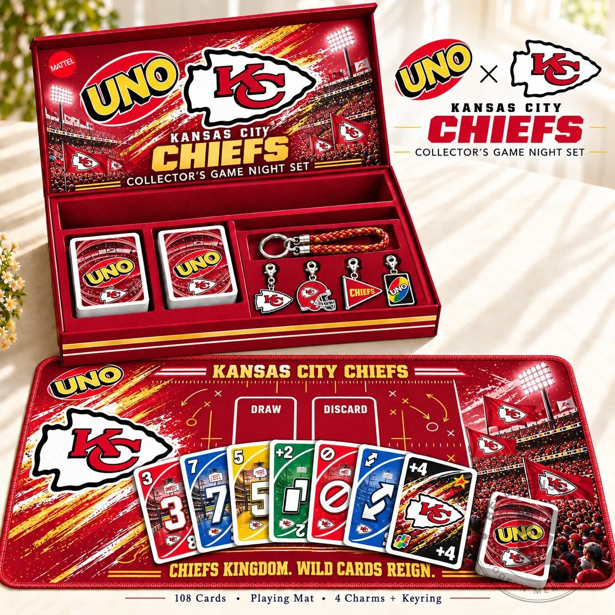 Kansas City Chiefs UNO Collector's Game Night Set with Playing Mat and Charms