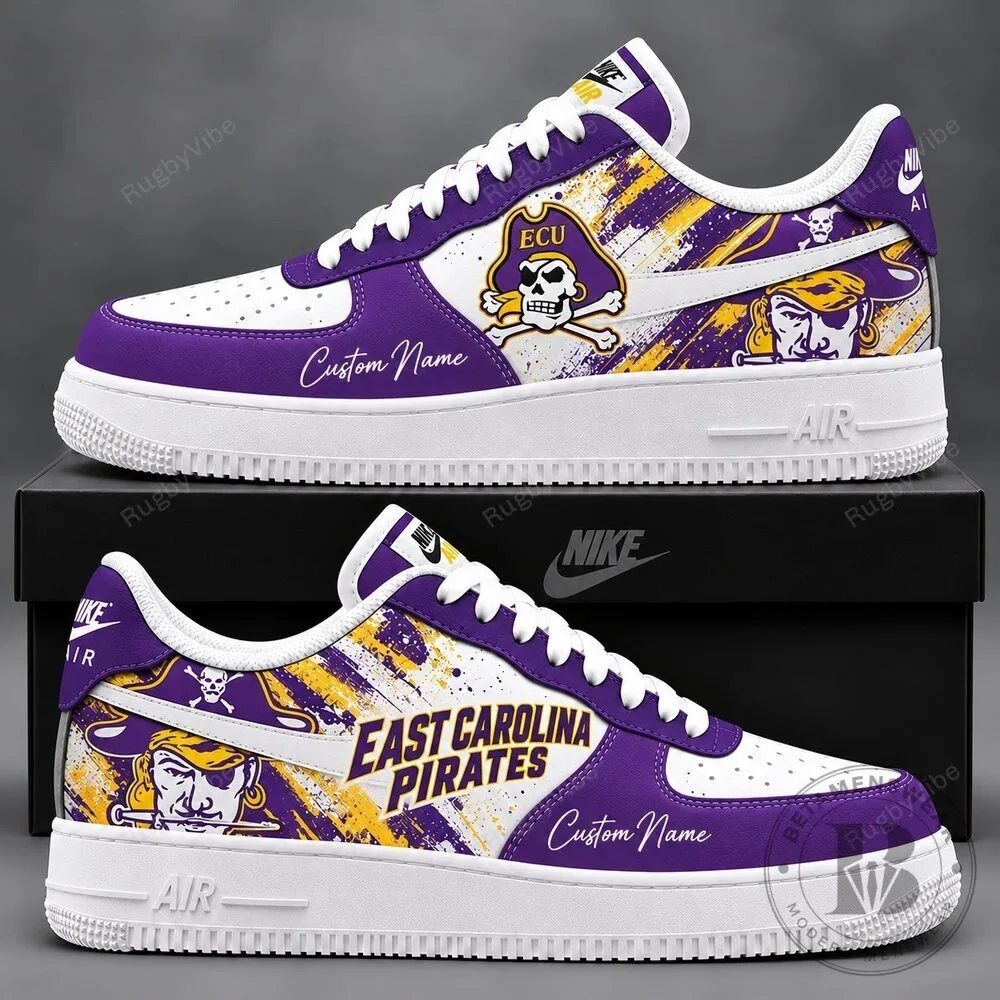 East Carolina Pirates Custom Name Skull and Crossbones White and Purple Shoes