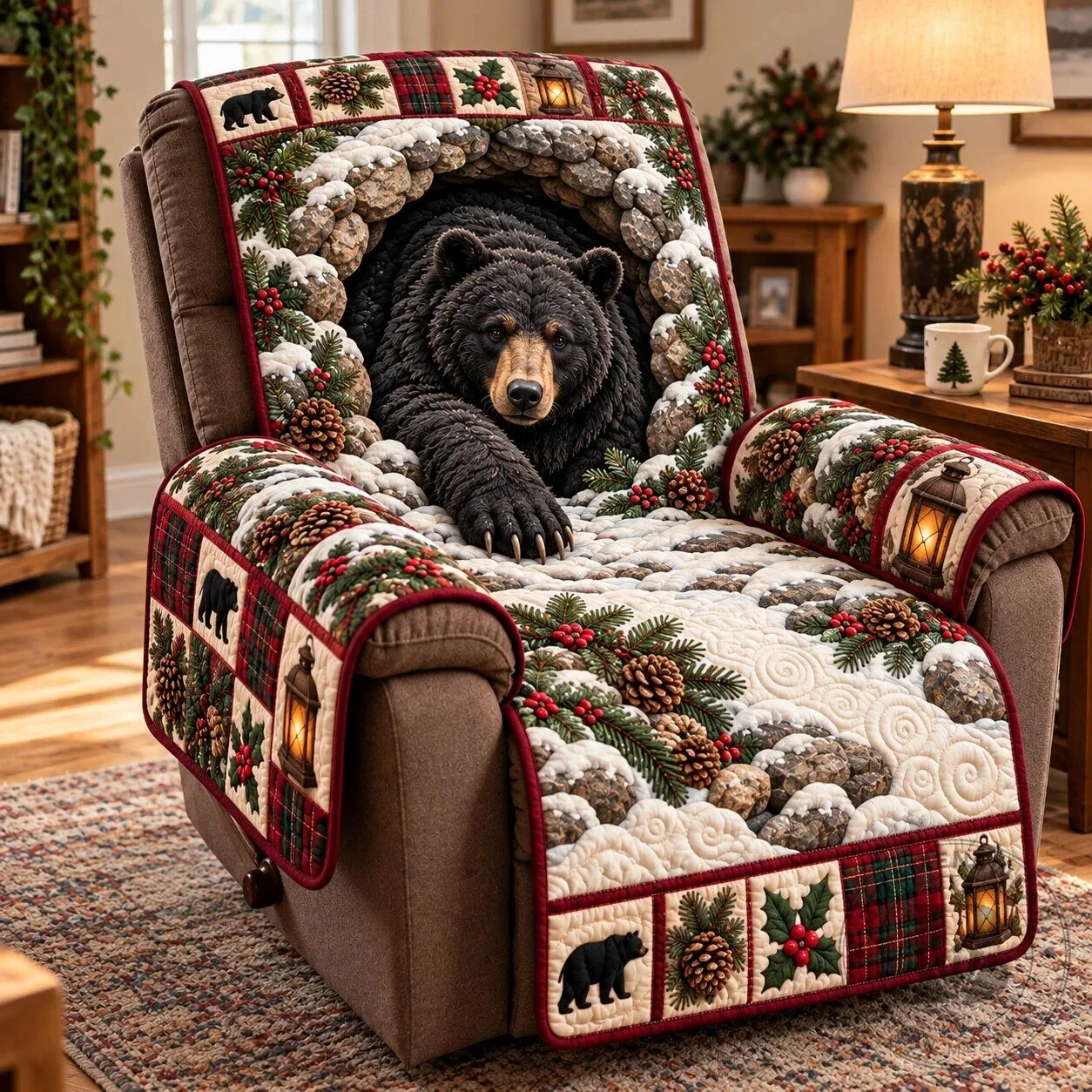 Rustic Winter Black Bear Pinecone Quilted Sofa Cover