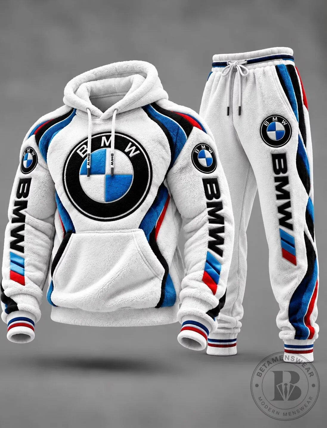 BMW Logo White Plush Fleece Hoodie and Sweatpants Tracksuit Set