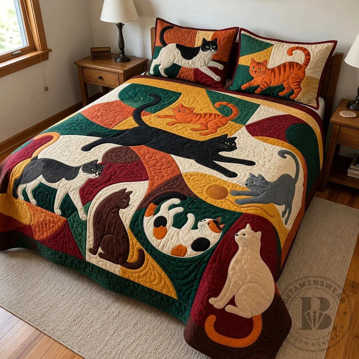 Retro Cats In Motion Patchwork Quilted Bedding Set with Pillow Shams