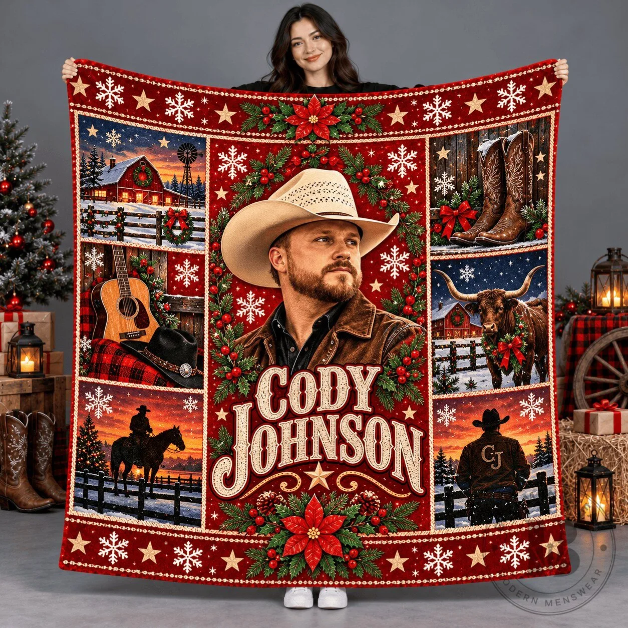 Cody Johnson Cowboy Portrait Christmas Patchwork Fleece Blanket